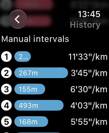 Interval recap: one bar per segment with its distance and pace