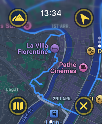 Live map on the watch, following a route through the city
