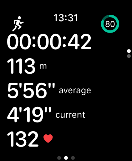 YouRace run screen: time, distance, average and current pace, heart rate